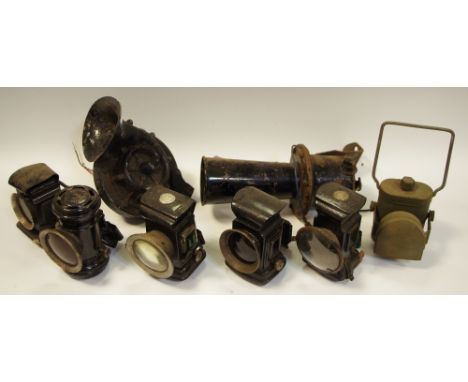 Motoring - early 20th century Klaxon; a C.C.C military lap; Miller carbide bicycle lamp; others similar (7) 