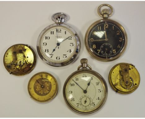 A WWII military issue open face pocket watch, Swiss 20 jewel movement, black dial, luminous Arabic numerals, subsidiary secon