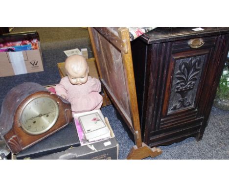 A Victorian purdonium; a wooden fire screen; a mantel clock;  A celluloid baby doll; an anniversary clock; military history c