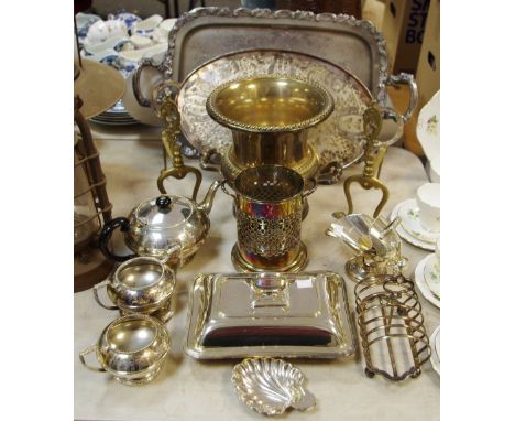 Silver Plated Ware - an E.P.N.S campana shaped wine cooler; a four piece tea service, with sugar scuttle; a two-handled servi