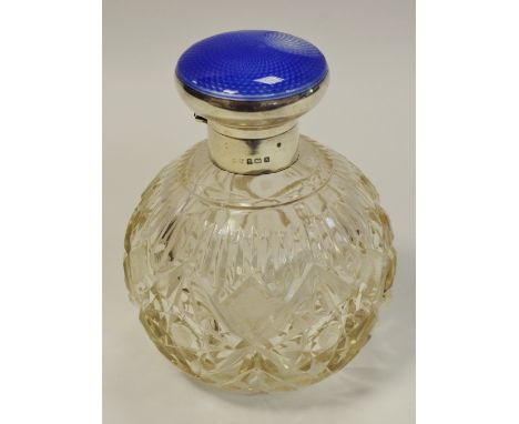 A George V silver and enamel mounted hobnail-cut globular scent bottle, Birmingham 1925