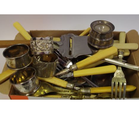 Silver &amp; Plate - early 20th century silver inkwell; silver napkin rings; cutlery,etc 