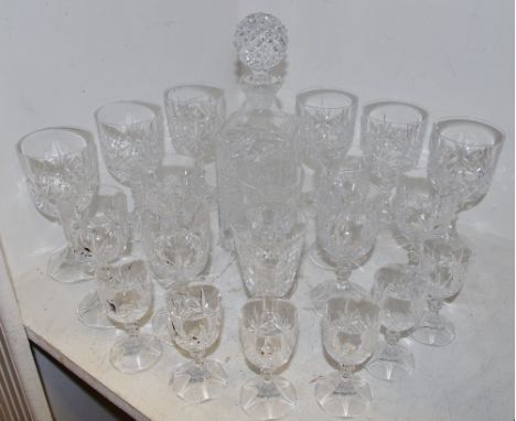 A set of six Royal Cristal Rock wine glasses, 6 port glasses and 6 liqueur glasses; two Waterford Crystal wine glasses; a cut