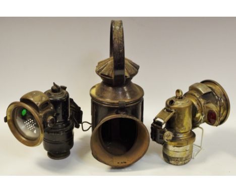 P &amp; H Ltd. The Revenge carbide bicycle lamp; another Joseph Lucas carbide lamp; a railway carriage lamp (3) 