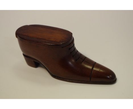 A mahogany novelty snuff box, as a shoe, sliding cover 