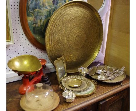 Metalware - a large eastern brass table top tray, Art Nouveau style mirror, Scales and weights, silver plated flatware etc qt