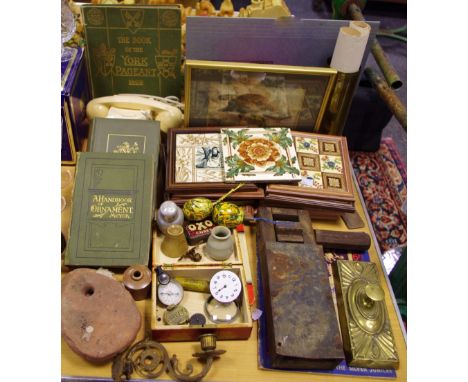 Boxes &amp; Objects - various framed tiles; Meyer's book on ornaments; early 20th century brass door plate in the Empire tast