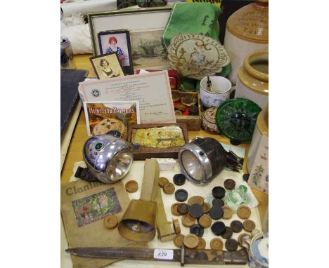 Boxes &amp; Objects - aerodynamic shaped Miller Model 4R Bicycle Lamp; another by Lucas; cowbell; Victorian signs and terms u