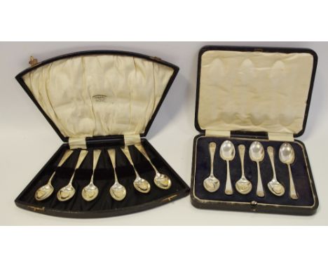 A cased set of six silver teaspoons inscribed with various dates; others EPNS 