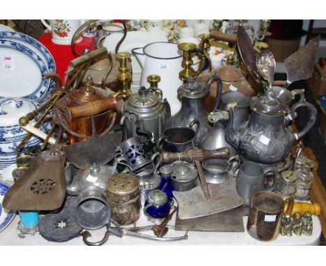 Metalware - an early 19th century copper kettle; two others later; two pewter tankards engraved Miners Arms Hotel; others; a 