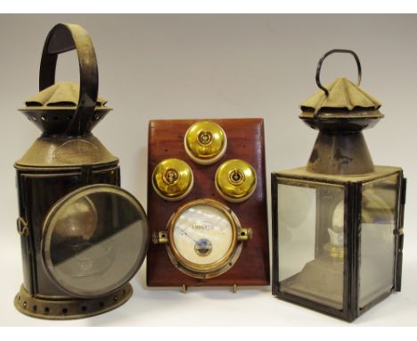 A Linley &amp; Co of London &amp; Birmingham black painted railway lamp; another L.N.E.R example; a French amp meter switch b