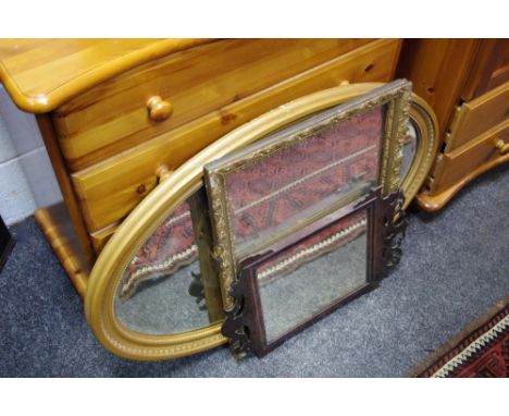 A mahogany Vauxhall type mirror; an oval gilt framed wall mirror; another, gilt framed (3)