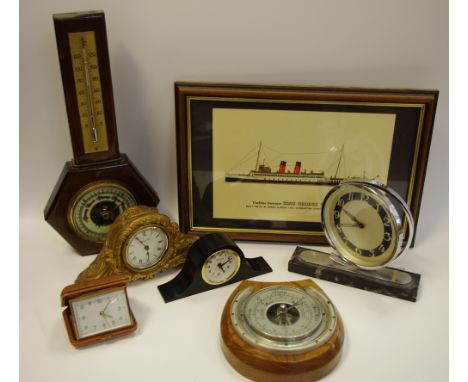 Mid 20th century circular chrome clock on marble base; other clocks; a horse shoe shaped barometer; another stick barometer;e