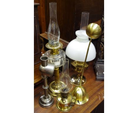 Lighting - The Cambridge No.2 reading lamp; an early 20th century brass oil lantern; another later; modern brushed brass tabl