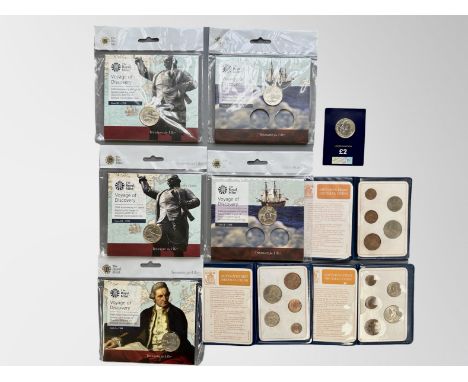 The Royal Mint : Three sets of Britain's First Decimal Coins, all the same, all in blue vinyl wallets, together with six UK £