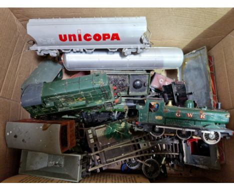 A box of 00 gauge model railway items to include an engine etc.  
