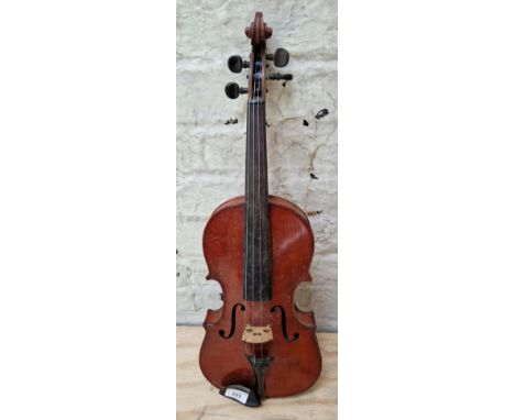 A Stradivarius copy violin, two piece back, length 360mm, in case with bow.  