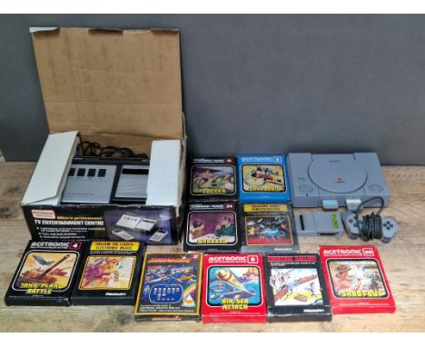 Acetronic MPU 1000 vintage games console together with 10 games and a PS1 console.  