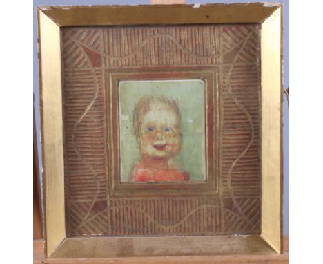 A gesso framed miniature portrait, in gilt frame, and a 19th century sand miniature picture, the entrance to Carisbrooke Cast
