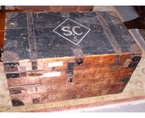 An iron strapwork pine trunk with carrying handles, together with a Georgian mahogany campaign box