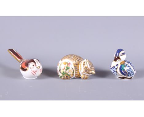 Three Royal Crown Derby porcelain paperweights, Cottage Garden Kitten, Duck and Long Tailed Tit, each with gold button