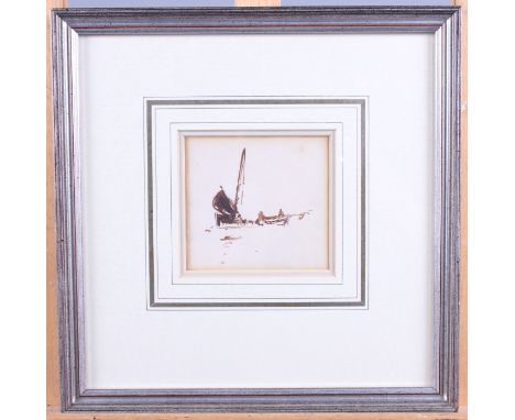 In the manner of Frank Henry Mason: a pen and ink sketch, figures by a boat, unsigned, in painted frame, 3 1/2" x 3 1/2"