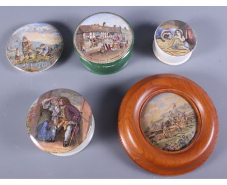Fourteen 19th century Prattware pot lids including Shakespeare's House Stratford upon Avon, Little Red Riding Hood, Uncle Tob