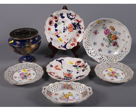 An early 20th century Carltonware porcelain "Peacock" pot pourri, 6" high, together with four pieces of 20th century Dresden,