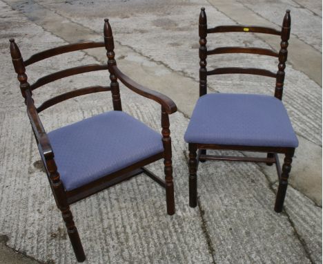 A set of eight oak ladder back dining chairs with stuffed over seats, on turned and stretchered supports (6+2)