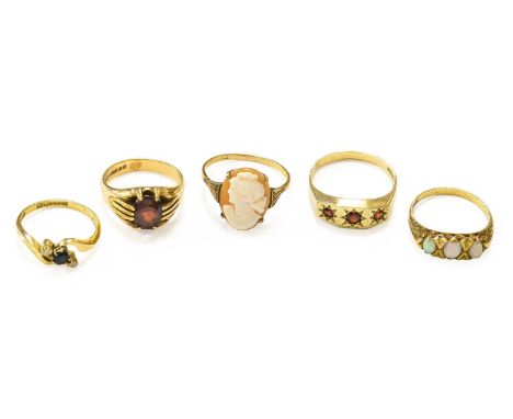 Five Gem-Set Rings Including, a sapphire and diamond example, a cameo example, two garnet examples, and an opal exampleSapphi