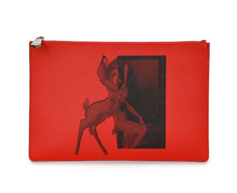Givenchy 'Bambi' Red Leather Clutch Bag with a printed image of bambi to the front on textured leather, chrome tone hardware,