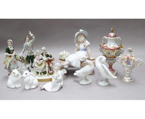 20th Century Ceramics Including: two Lladro geese, Nadal girl on a bench, two Coalport rabbits, two continental figures, etc