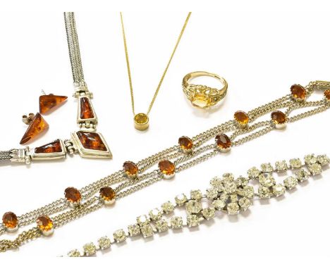 A Quantity of Jewellery Including, a 9 carat gold citrine ring, finger size K, a citrine pendant on a 9 carat gold chain, pen