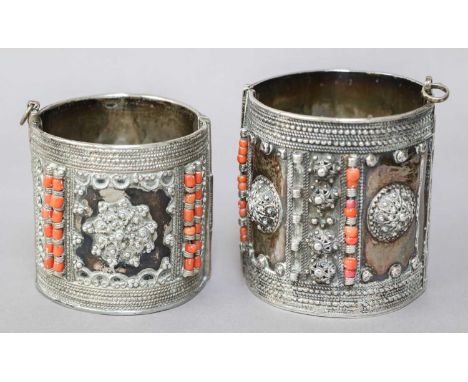 Two Ottoman Silver and Coral Bangles, One with Tughra Mark, The Other Apparently Unmarked, Probably 19th Century, each with a