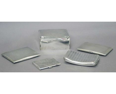 Four Silver Cigarette-Cases, each variously oblong with differing engine-turned decoration, one curved, total weight 15oz 15d