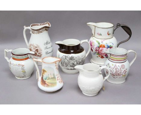 A Pearlware Jug Printed and Enamelled with Agricultural Tools, circa 1810, inscribed Trust in God, and with verse, together w
