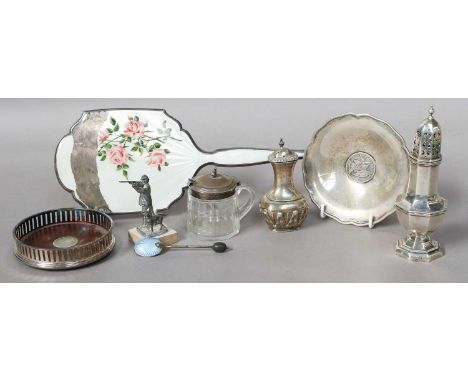 A Collection of Assorted Silver, comprising a silver and enamel hand-mirror, a/f; a silver sculpture formed a gentleman shoot