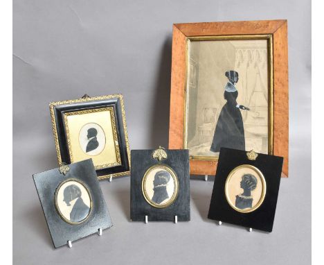 An Early Victorian Shilouette Miniature of a Young Girl, in a pencil-drawn interior scene, signed Sam. Merford and in a maple