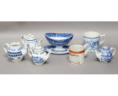 A Leeds Pearlware Teapot and Cover, circa 1780, painted in underglaze blue with swags, together with three similar teapots, a