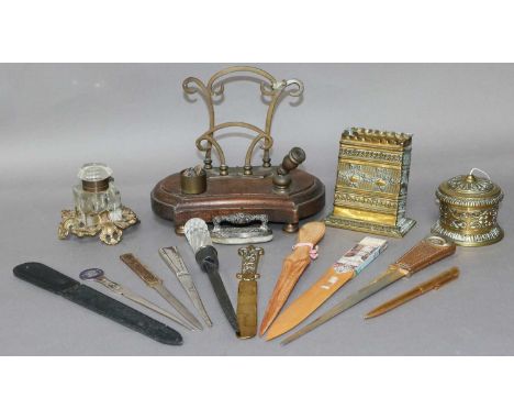 A Victorian Brass String Dispenser, together with assorted items including a commemorative silver and enamel paper knife for 