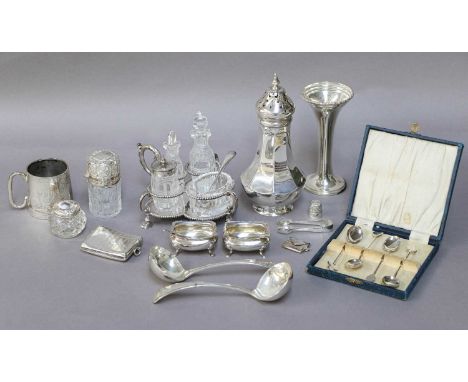 A Collection of Assorted Silver, comprising: a cased set of six silver teaspoons, with pierced terminals; a cased pair of sal