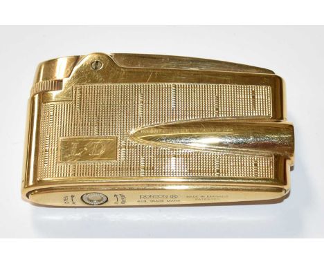 A Ronson 9ct Gold Table Lighter, with engine turned engraved panels, monogrammed LD, in protective case 
