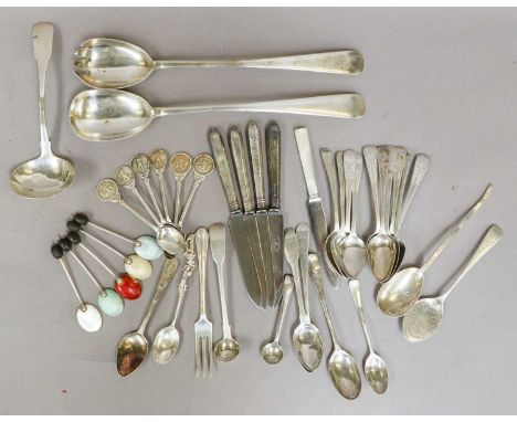 A Collection of Assorted Silver Flatware, including a pair of Old English pattern salad-servers; six George III bright cut Ol