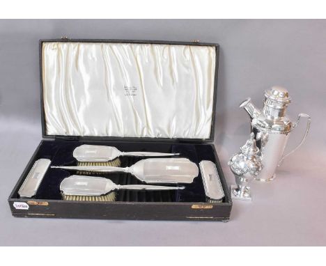 A Collection of Assorted Silver and Silver Plate, the silver comprising a cased dressing-table set, each piece with engine-tu