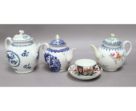 A Worcester Teapot and Cover of Globular Form, circa 1770, printed in underglaze blue with the Fruit and Wreath pattern, toge