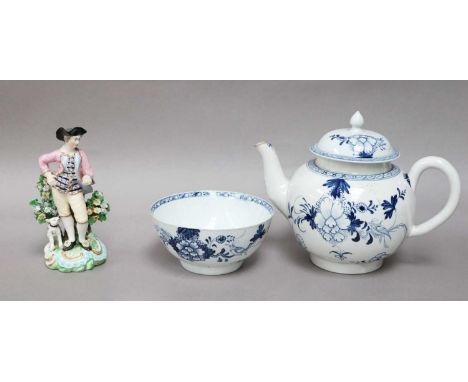 A Richard Chaffers Liverpool Teapot and Cover, circa 1760, a similar small bowl, both painted in underglaze blue with birds p