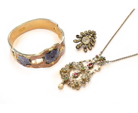 A Multi-Gem Set Necklace, stamped '830', drop length 6.3cm, necklace length 47.5cm An Enamel Bangle, by Fish (a.f.); and A Pa