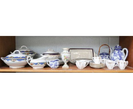 A Shelley Queen Anne Teaset, a Continental porcelain rose painted urn, pottery dinnerware, etc (one shelf and a box)Shelley -