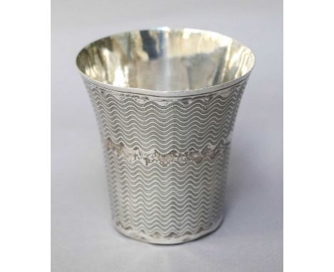 An Ottoman Silver Beaker, With Tughra Mark, Probably 19th century, tapering cylindrical, with engine turned decoration, 9cm h