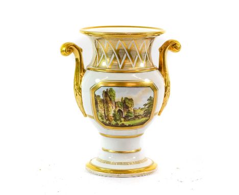 A Spode Porcelain Vase, circa 1810, of baluster form with leaf scrolled handles, painted with named views of Amberley Castle,